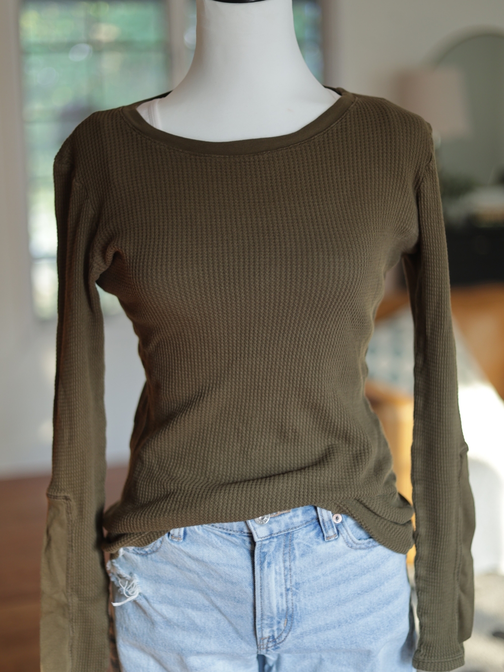 Michael Stars Olive Waffle Knit Long Sleeve Top